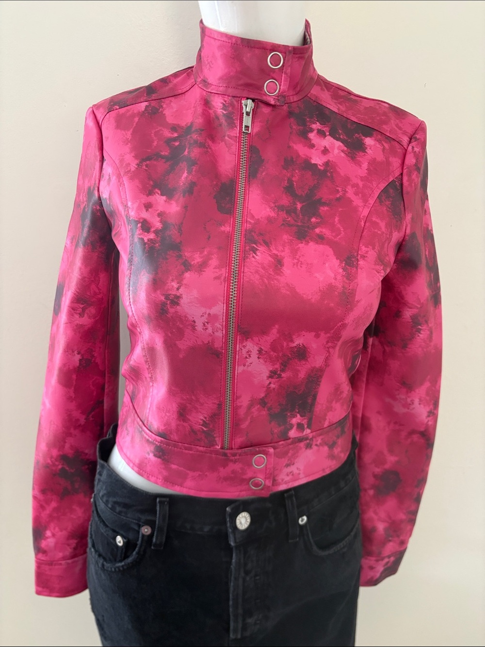 I.AM.GIA Reika Faux Leather Moto Jacket Pink Black Tie Dye Print Stand up Collar